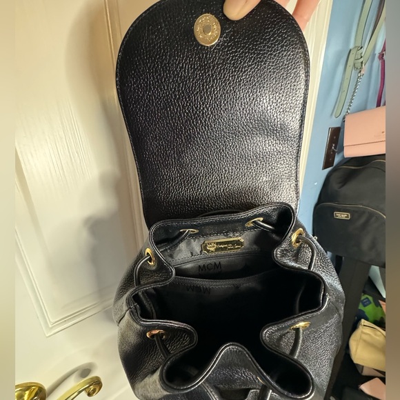 MCM Like New Studded Logo Black Pebbled Leather Backpack Tassel Drawstring - Picture 11 of 15